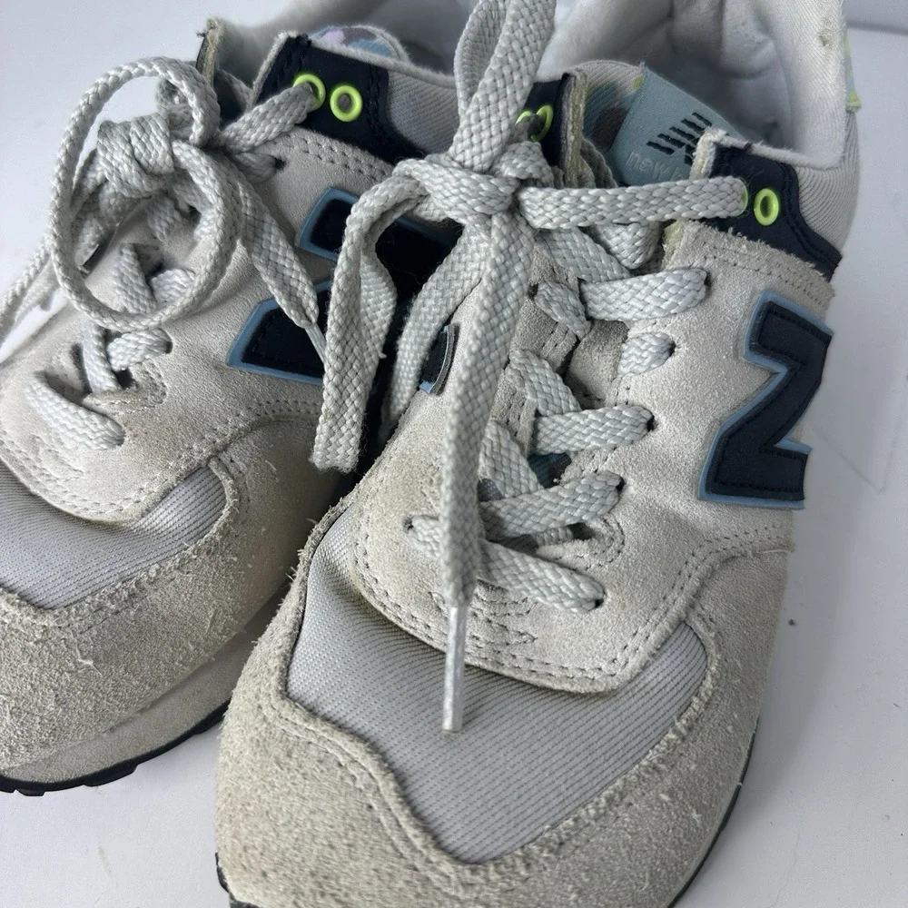 New Balance Womens 574 Running Shoes Rain Cloud Blue Camo Suede Sneaker Size 7.5